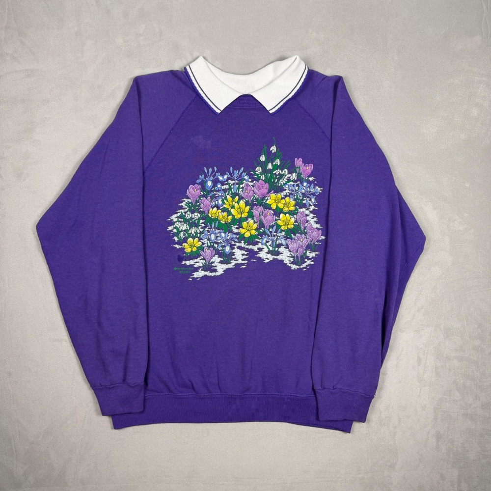 90s Mens Cabin Creek Floral Graphic Collared Sweatshirt Purple Large
